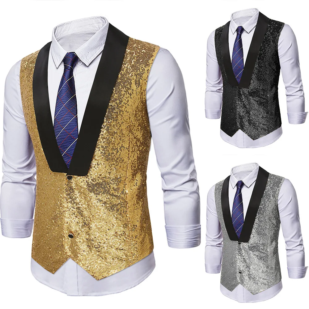 

Men's Vest Shiny Sequin Suit Vest Single-Breasted Sleeveless Jacket Nightclub Carnival Stage Performance Costume