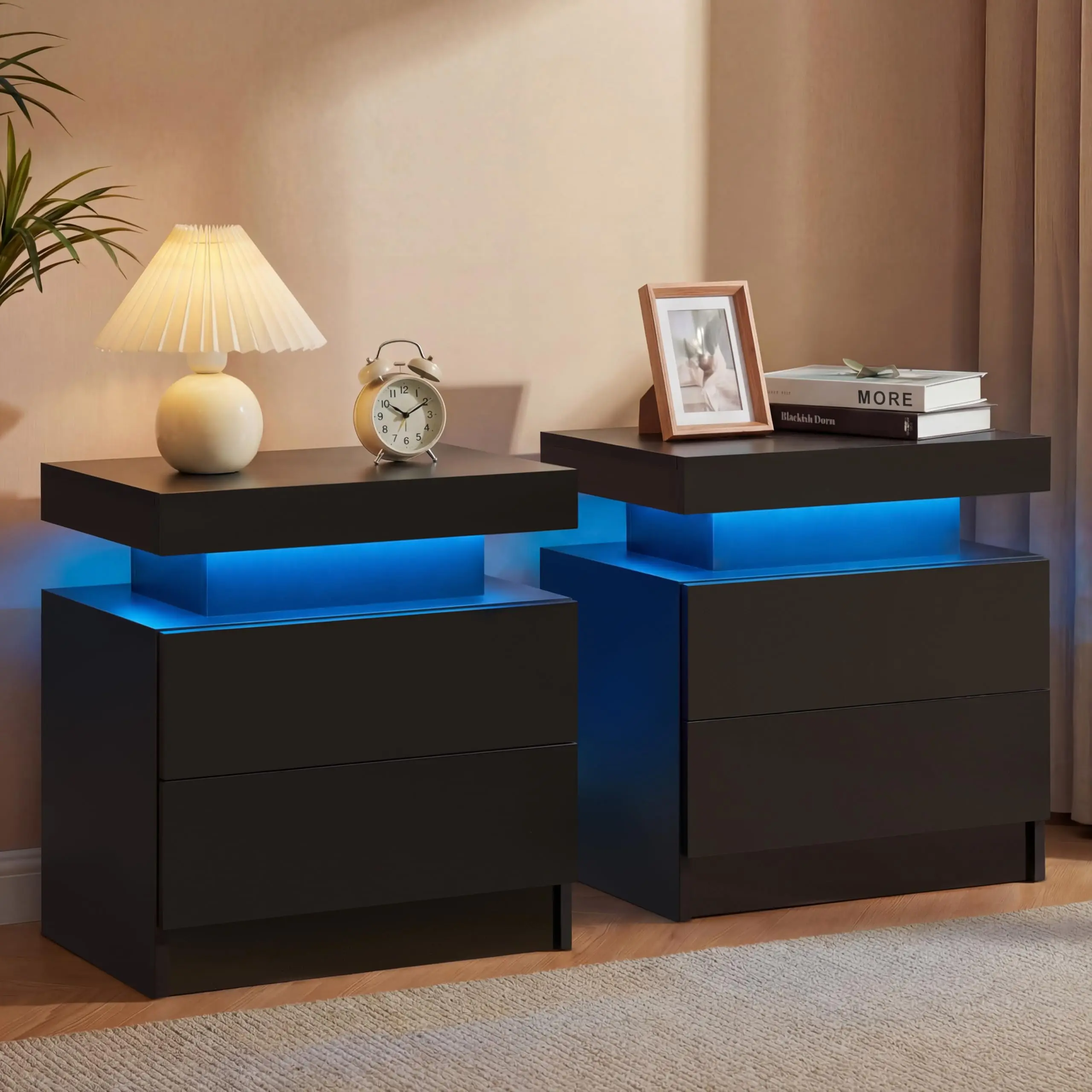 Black Modern LED Nightstand Set of 2 with 2 Wood Drawer for Bedroom | Nightstands with App-Controlled RGB LED Lights
