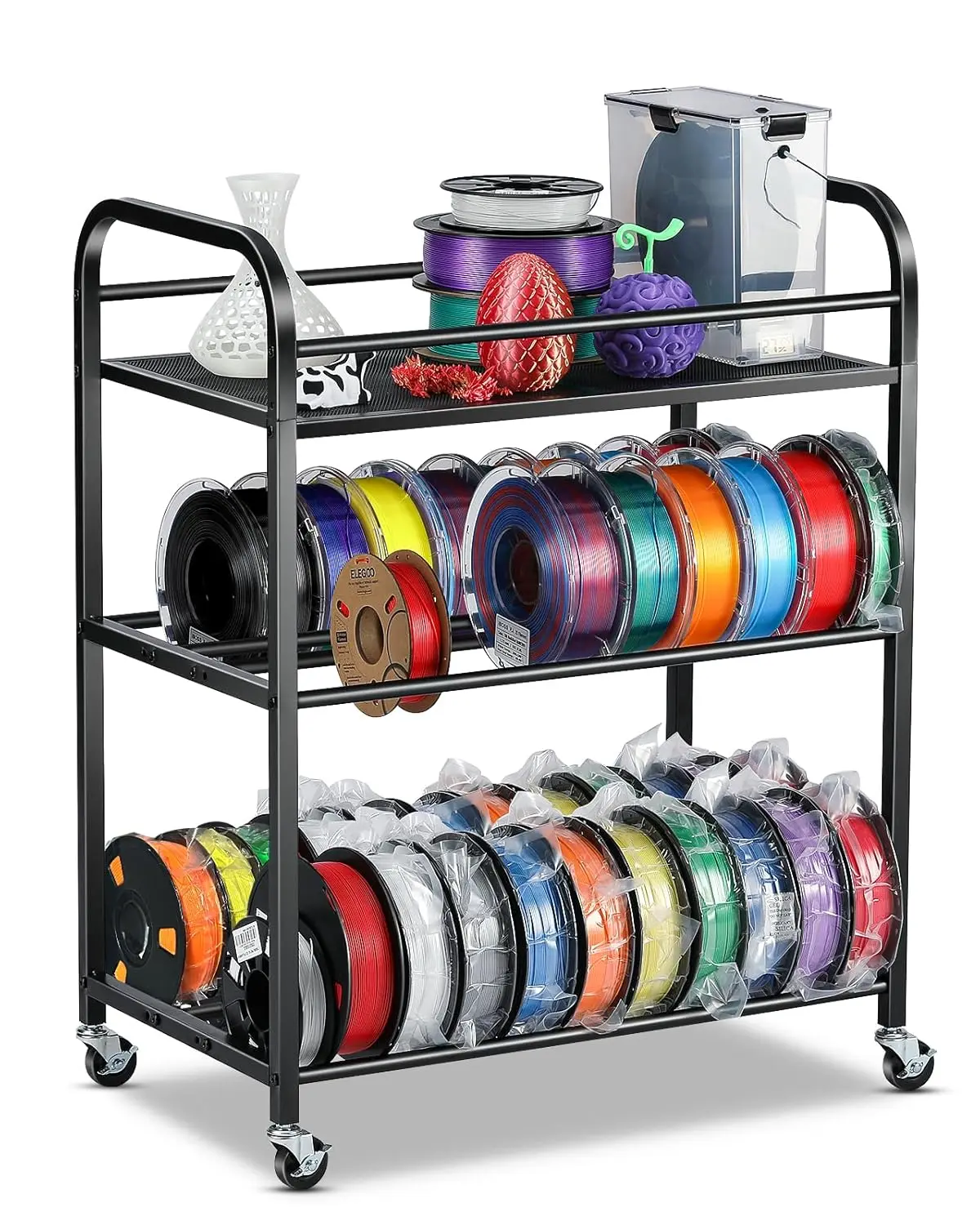 

Heavy Duty Metal 3D Printer Filament Storage Rack with Wheels, Organizes PLA/ABS/TPU/Nylon Spools for Studio or Workshop