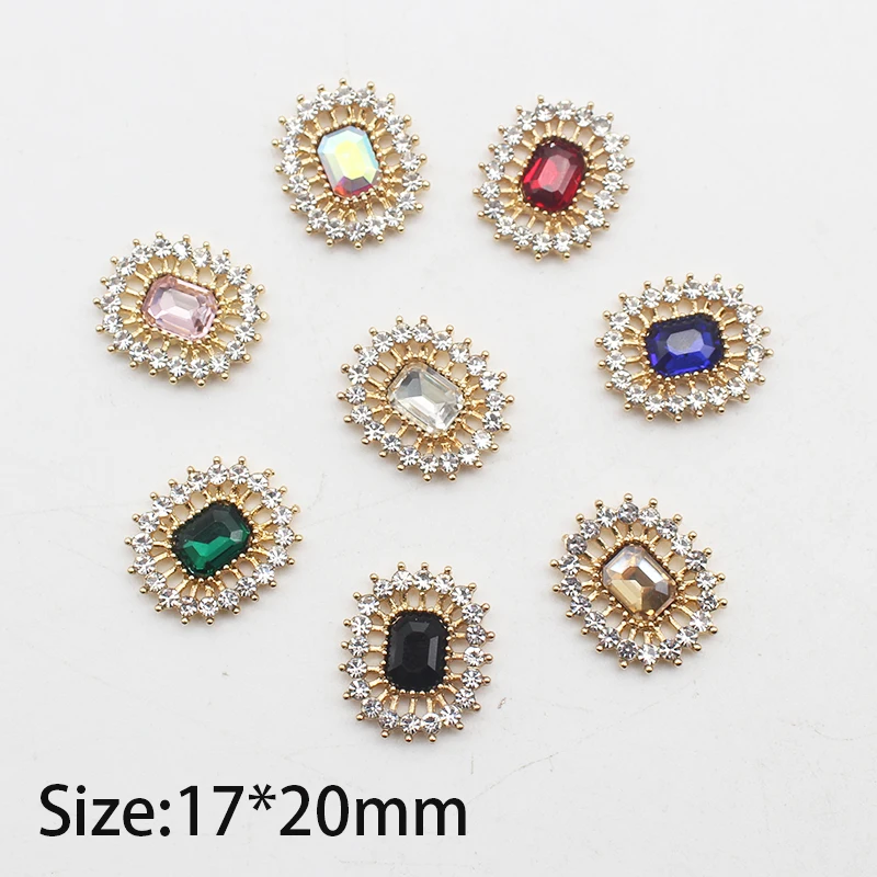 New 10pcs/batch 17*20mm Alloy Rectangle Glass Rhinestone Flat Bottom Button Decoration DIY Hairpin Ornament Jewelry Accessories