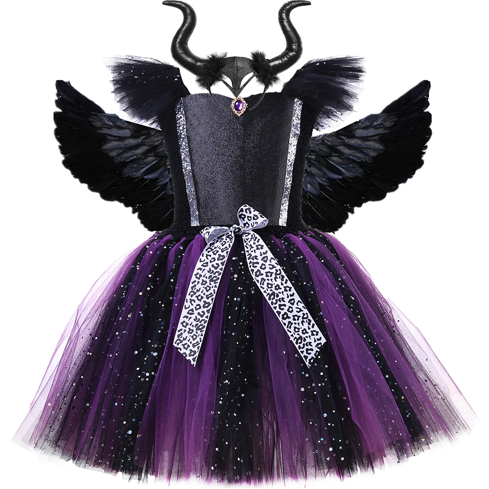 Girls Evil Queen Costume with Horns Wings Sparkly Girls Fancy Tulle Tutu Dress Kids Halloween Carnival Devil Dark Witch Dress Up
