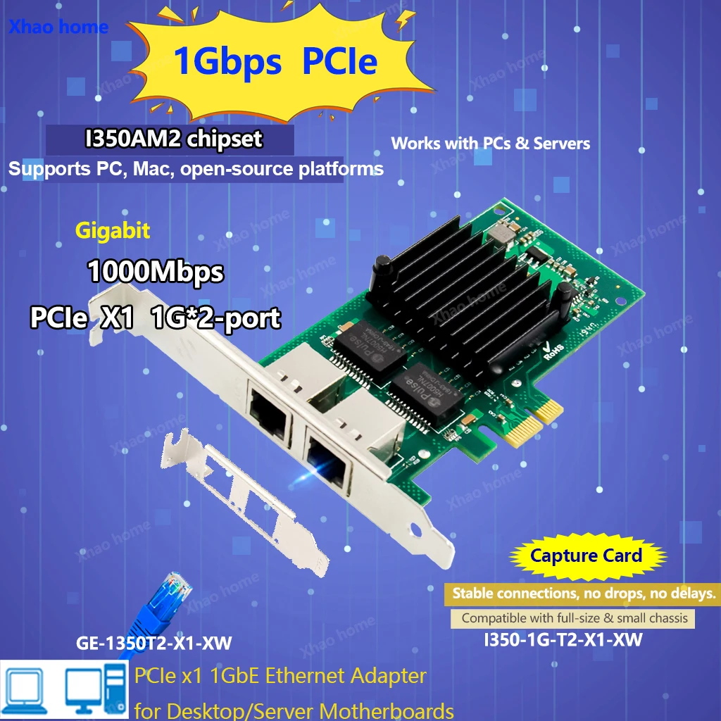 

PCIe X1 to Dual RJ45 Gigabit Ethernet Card for Intel I350-T2/I350AM2 Chip, 2-Port 10/100/1000Mbps NIC for PC, Desktop, Server