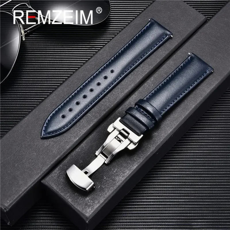 REMZEIM Calf Genuine Leather Watchband Size 18mm 20mm 22mm 24mm Watch Band Strap Steel Butterfly Buckle Wrist Bracelet Green