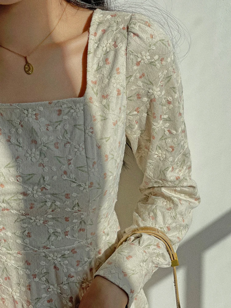 

Ретро-платье миди с длинными рукавами, вышивкой и квадратным воротником, легкое вечернее платье для осеннего сезона