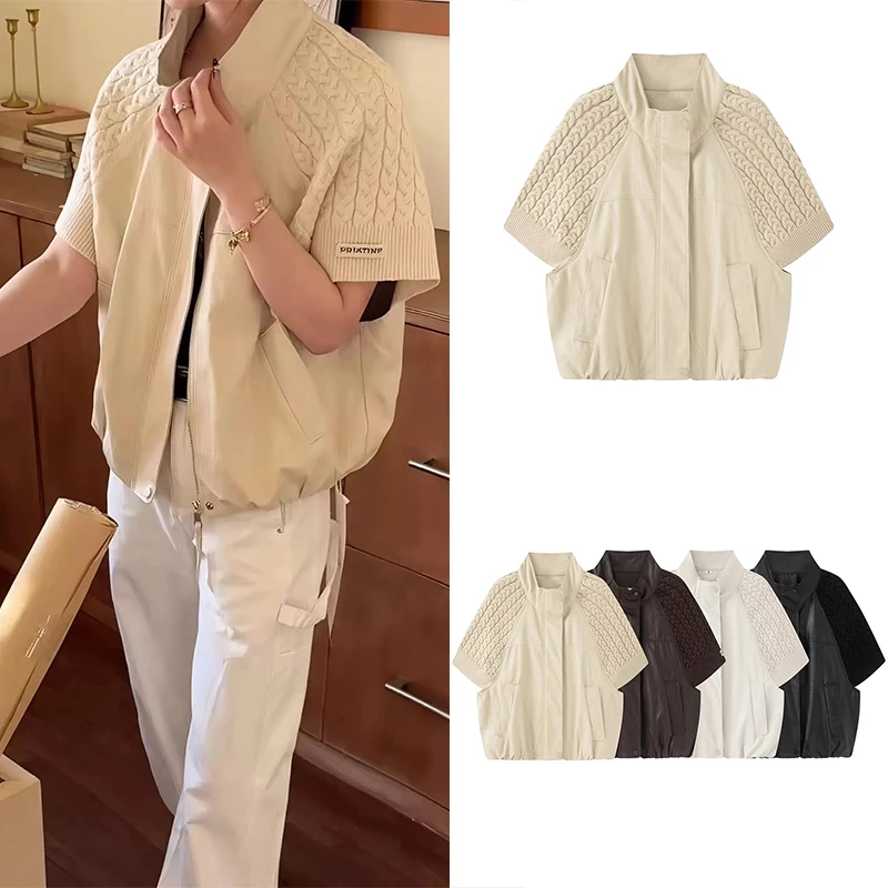 Guobioziy Women's Stand Collar Patchwork Leather Jacket 2026 Spring-Autumn Edition European Daily Casual Fashion Trend Versatile