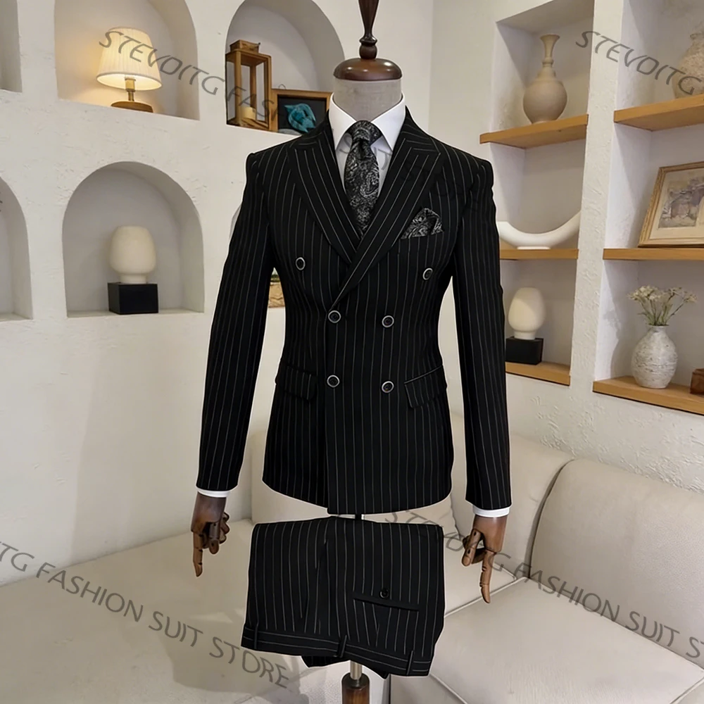 

Classic Men's Black Pinstripe Double Breasted Suit Set Formal Jacket+Pants for Business&Wedding Groom Tuxedos Prom Costume Homme