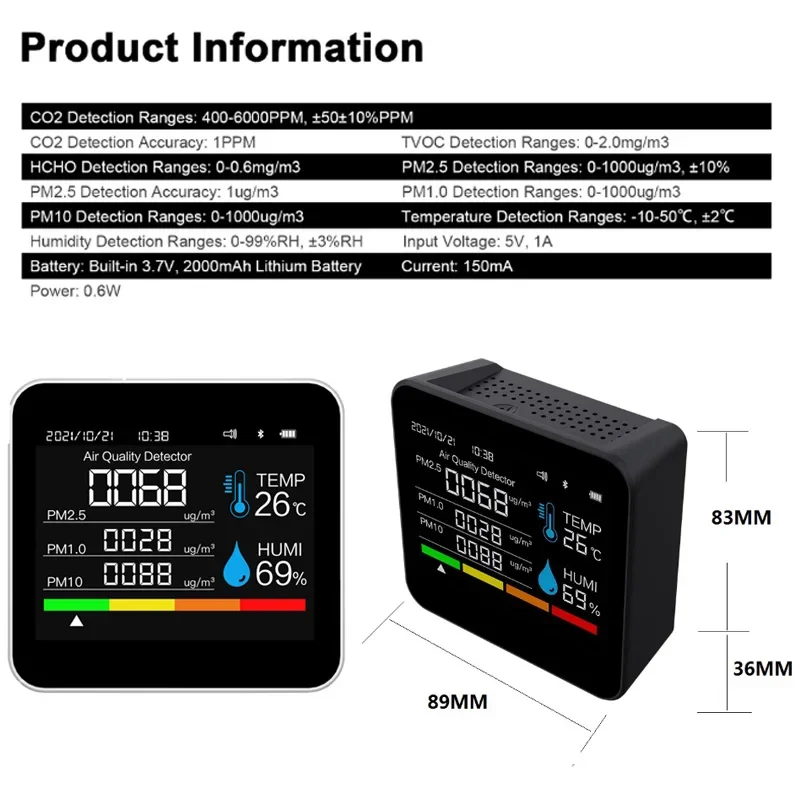 9 в 1 BT монитор качества воздуха Измеритель CO2 детектор углекислого газа время/дата TVOC HCHO PM2.5 PM1.0 PM10 тестер температуры и влажности