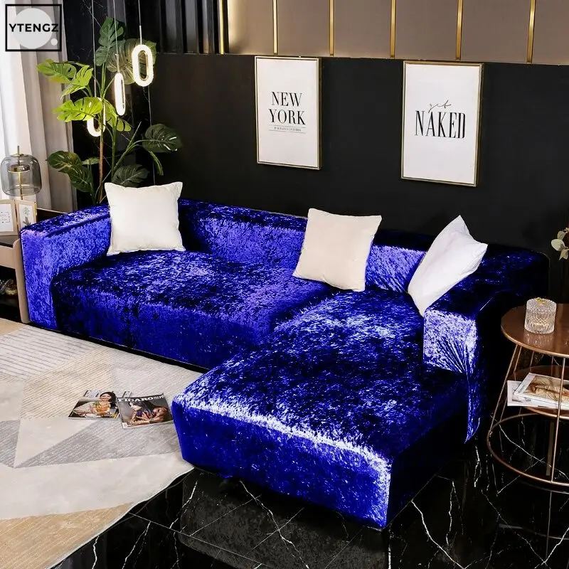 Shiny Velvet L Shaped Sofa Covers for Living Room Elastic Couch Slipcover Chaise Longue Corner Stretch Sofa Cover Blue