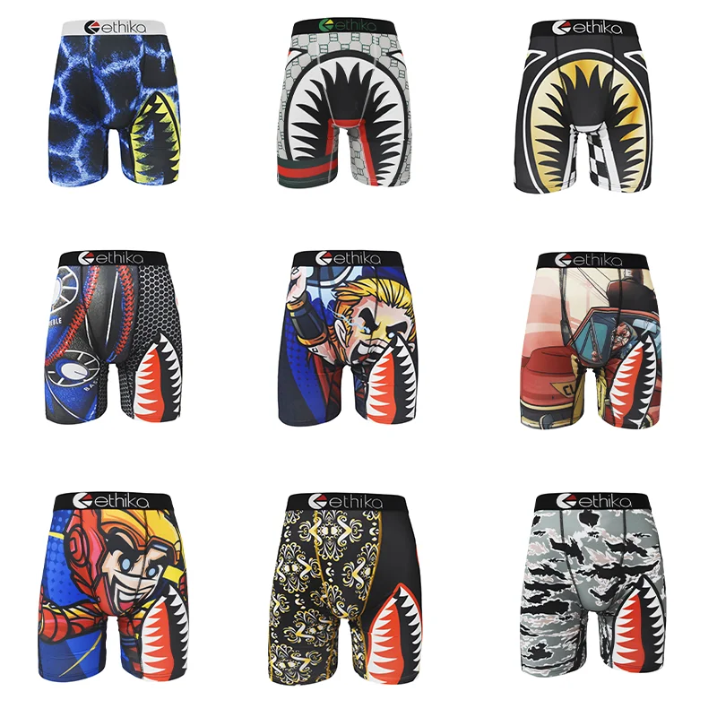 Shorts de boxer longos com estampa de tubarão masculino, cuecas respiráveis, moletom confortável, secagem rápida, elástico, 1pc