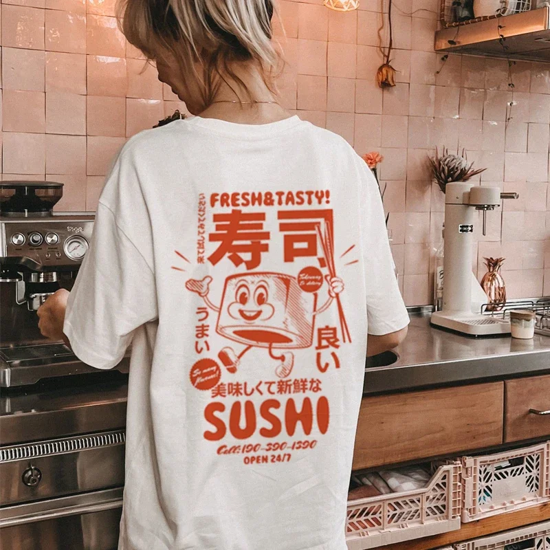 

Retro Back Print Sushi Graphic Tees Women Cute Funny Japanese Food T-Shirts Oversized Streetwear Clothes Unisex Fashion Top Gift