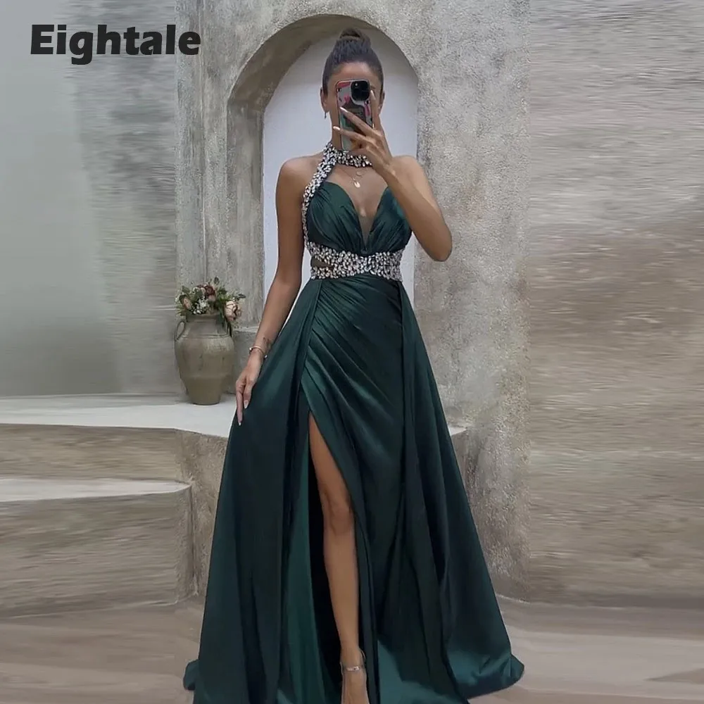 Eightale Dark Green Evening Dress Satin Beaded with Crystals Customized Arabic Prom Gown Wedding Party Dress Vestidos De Noch