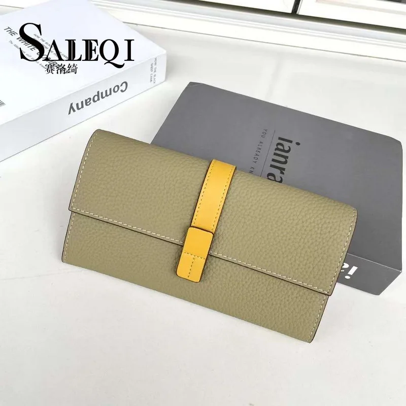 Genuine Leather Long Wallet Women Buckle 2 Fold Multi Card Position Cell Phone Bag Large Capacity Head Layer Cowhide Money Clip