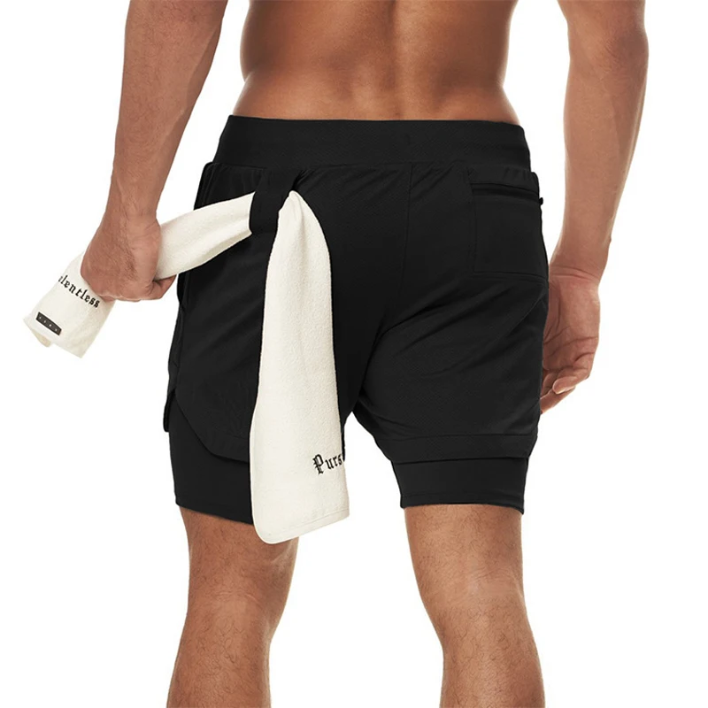 Uw eigen logo Aangepaste hardloopshorts Heren 2-in-1 sportshorts Gym Sneldrogende training Dubbellaags korte broek Strandshorts 2 stuks