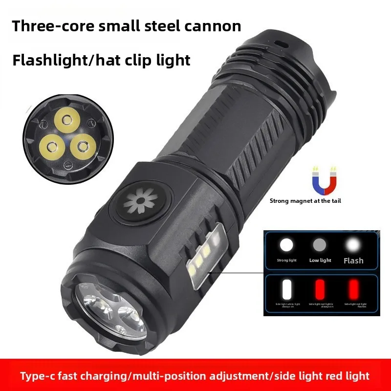 Mini 3-Eye LED Flashlight, Super Bright Laser Cannon, Portable Camping Light with Strong Magnet & Pen Clip, Small Torch