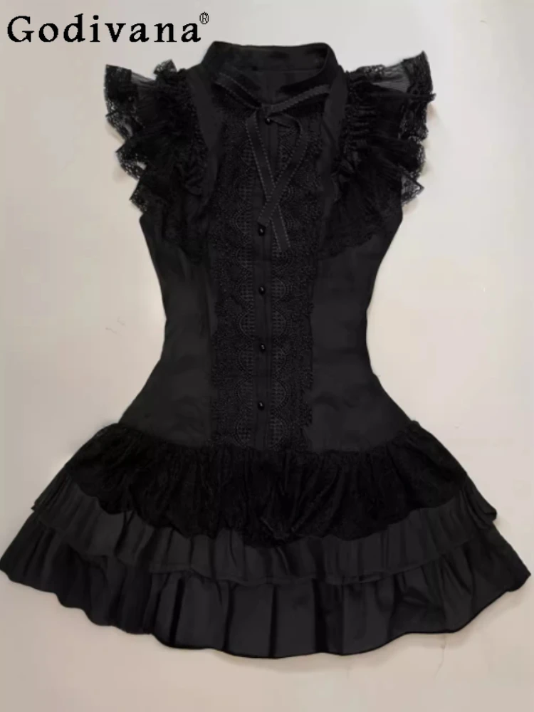 

Gothic Heavy Industry Sweet Lace Sleeveless Dresses Summer Personality Stand-Up Collar High Waist Age Reduction Halloween Dress