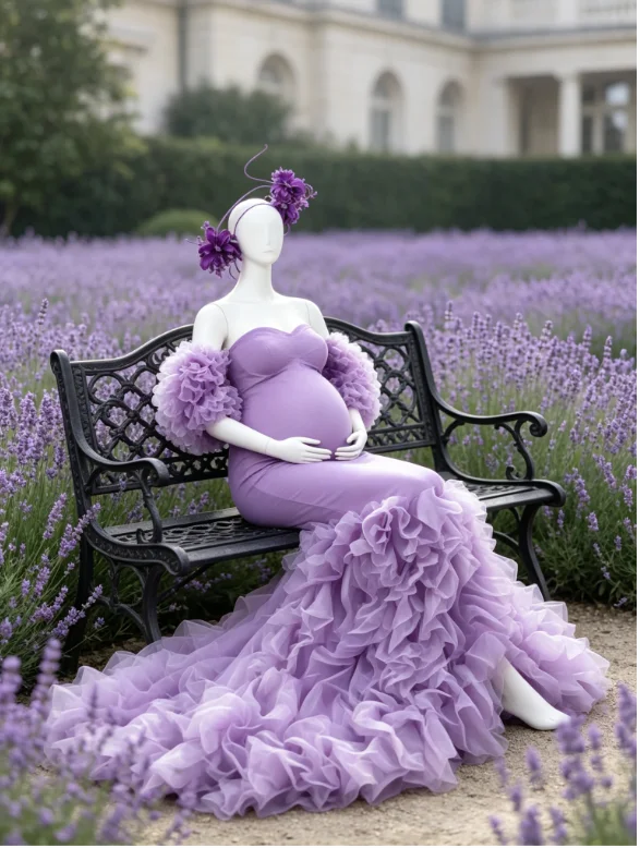 Maternity Photoshoot Gown Stretch Mermaid Dress, Puffy Tulle Sleeves, Soft Ruffled Tulle Train With Side Slit,Baby Shower