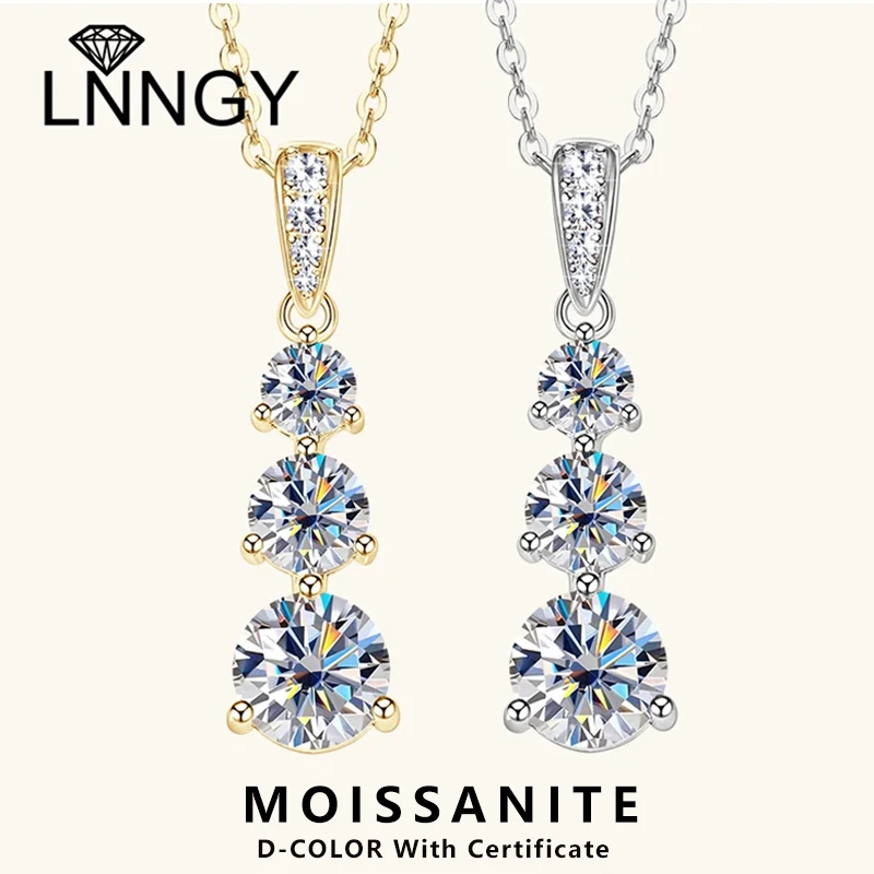 

Lnngy collier argent 925 Sterling Silver Necklaces Exquisite Certified Three Stone Moissanite Necklace for Women Jewelry