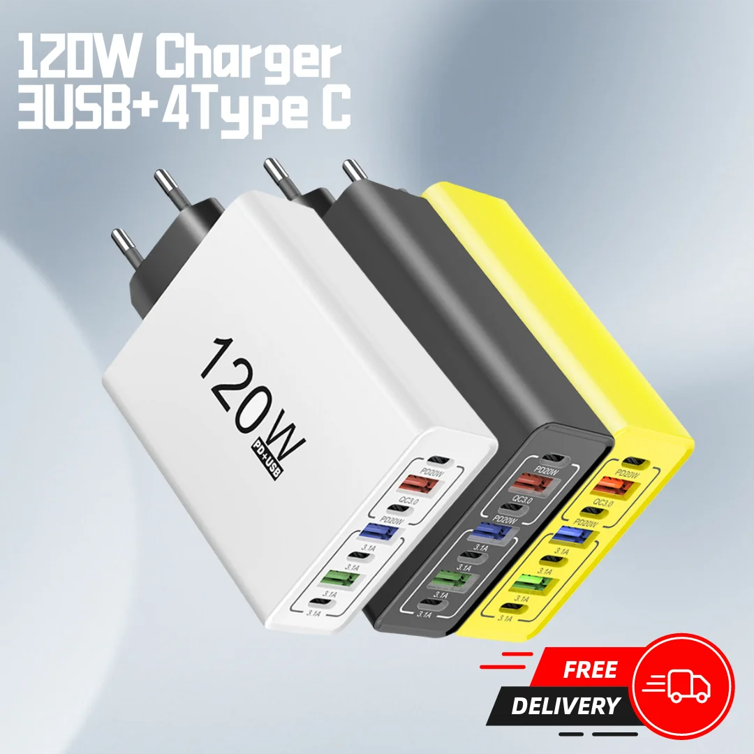 

Зарядное устройство USB C всего 120 Вт, 7 портов USB PD, адаптер для быстрой зарядки мобильного телефона, вилка европейского/американского стандарта для телефона iPhone, Samsung, Xiaomi