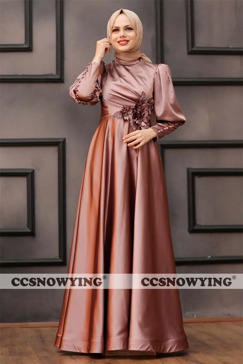 

Elegant Appliques Beaded Muslim Evening Dresses Long Sleeve Islamic Formal Party Gowns High Neck Women Arabic Robes De Soirée