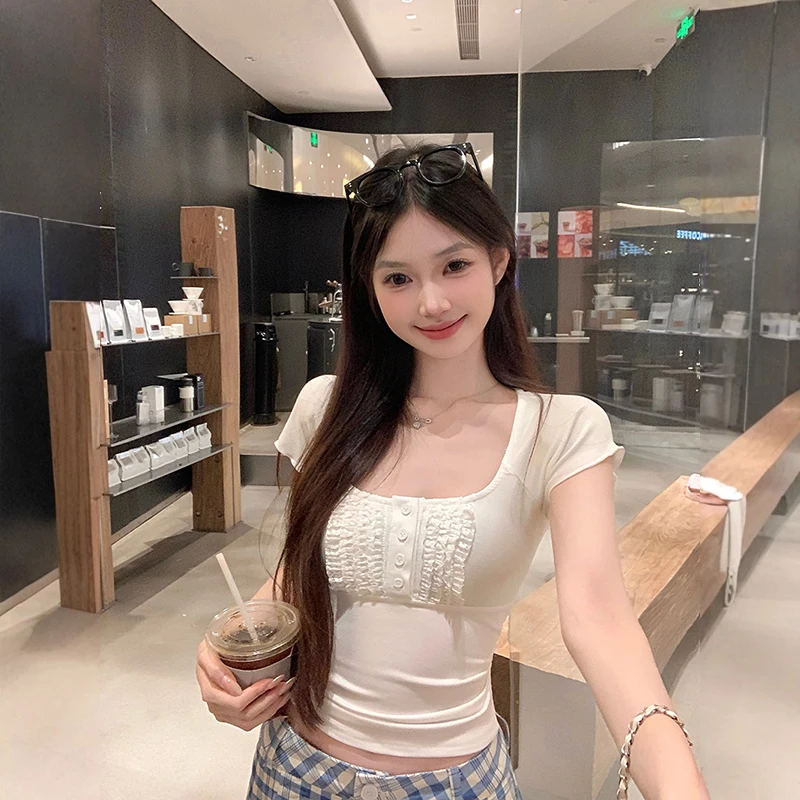 

Square Neck Short Sleeve Tee Design Front Lace Short Sheath Women Summer Sweet Daily Tops
