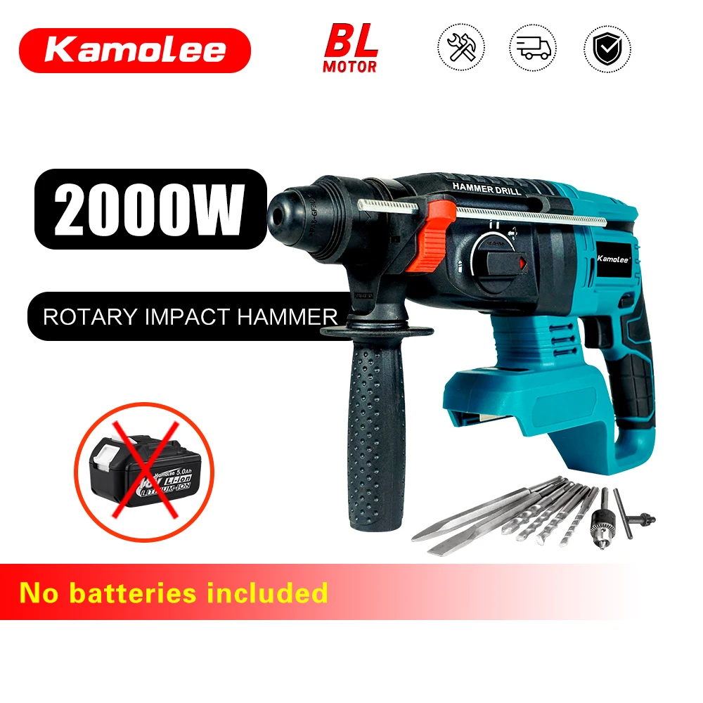 

Kamolee 2000 Вт 10600IPM перезаряжаемый бесщеточный молоток портативный беспроводной молоток для сноса 18 В-21 В аккумуляторная ударная дрель электроинструмент