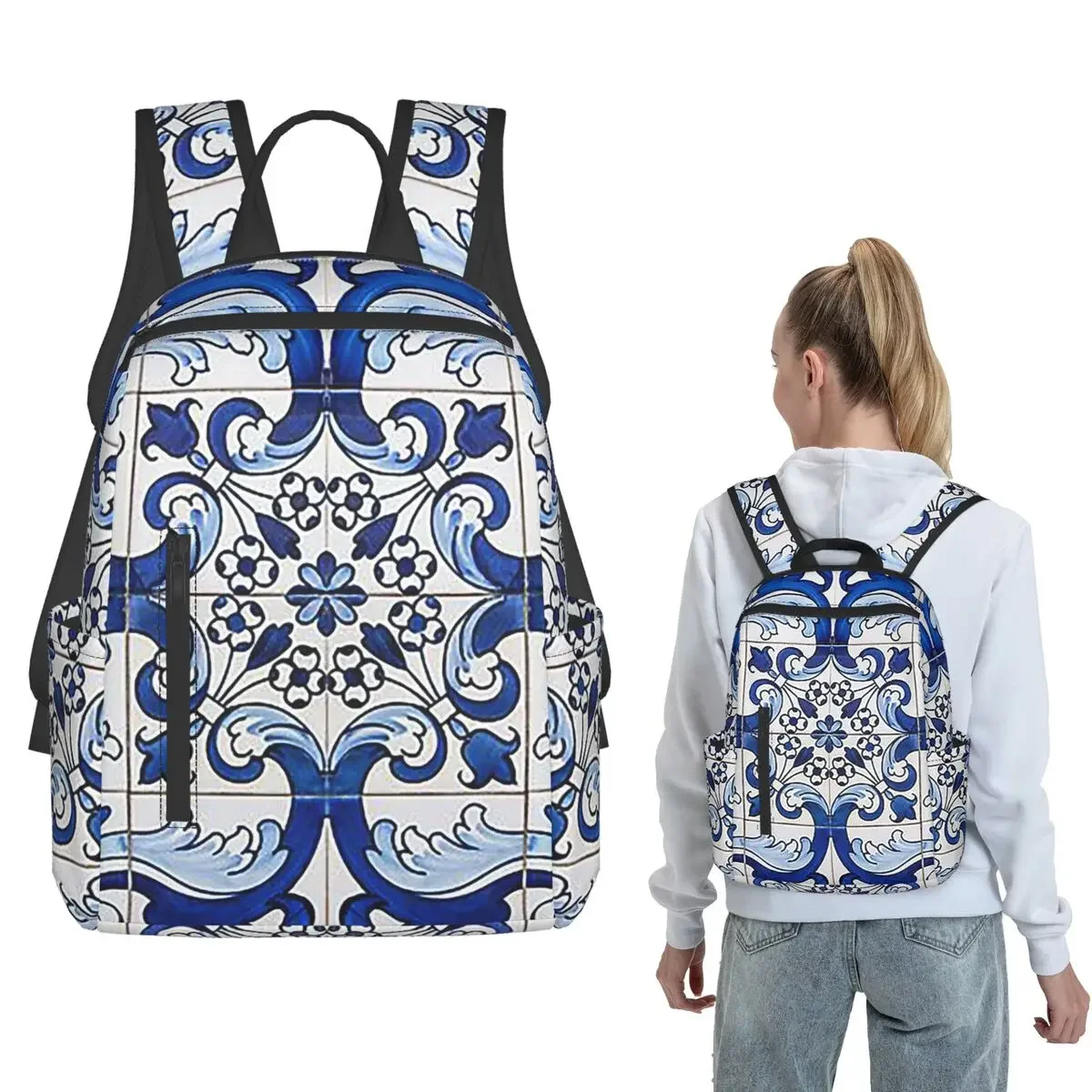 Antique Classic Lisbon Blue Azulejo Tile Floral Backpack Daypack Kids BookBag School Bag Shoulder Bags for Men Women