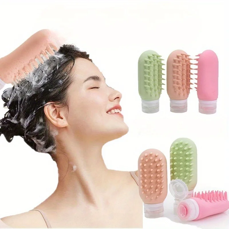 Nachfüllbare Silikon-Quetschflasche Tragbarer Reise-Shampoo-Lotion-Spender mit Integriertem Kopfhautmassagegerät für Haarpflege-Aufbewahrung