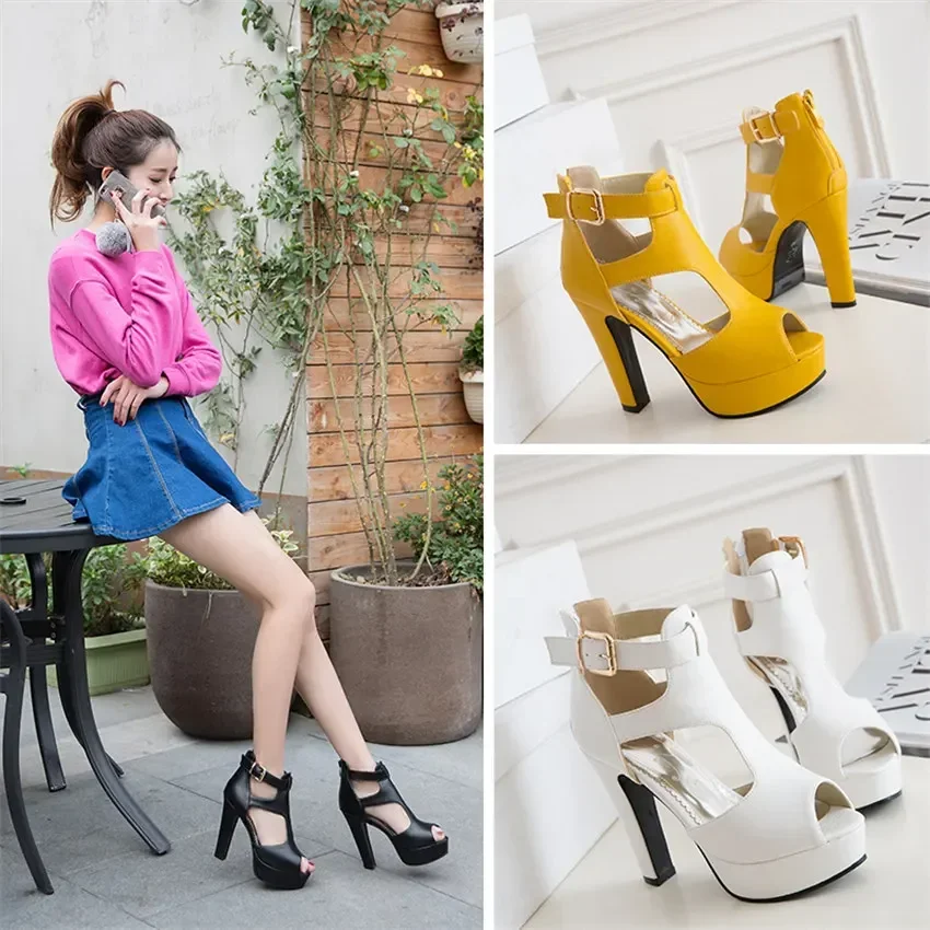 Fashion Gladiator Women Sandals White Yellow High Chunky Heels Party Office Ladies Peep Toe Zipper T-strap Buckle Platform Shoes view 6