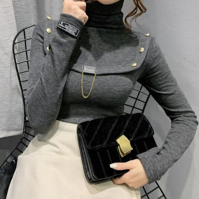 Autumn Winter Fashion All-match Turtleneck Solid Color Tops Women\'s Clothing Korean Slim Lady Button Spliced Long Sleeve T-shirt