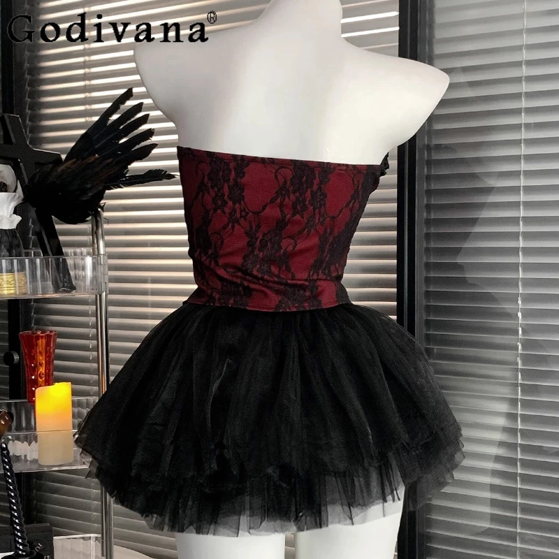 Women Fashion Vest Cute Mini Skirt Lace High Waisted Fluffy Cosplay Devil Set Female Retro Style Anime Outfit Adults Lingerie