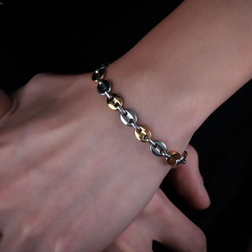 Pulsera de eslabones de grano de café bicolor oro y plata, pulsera de cadena gruesa de acero inoxidable para hombre, joyería urbana
