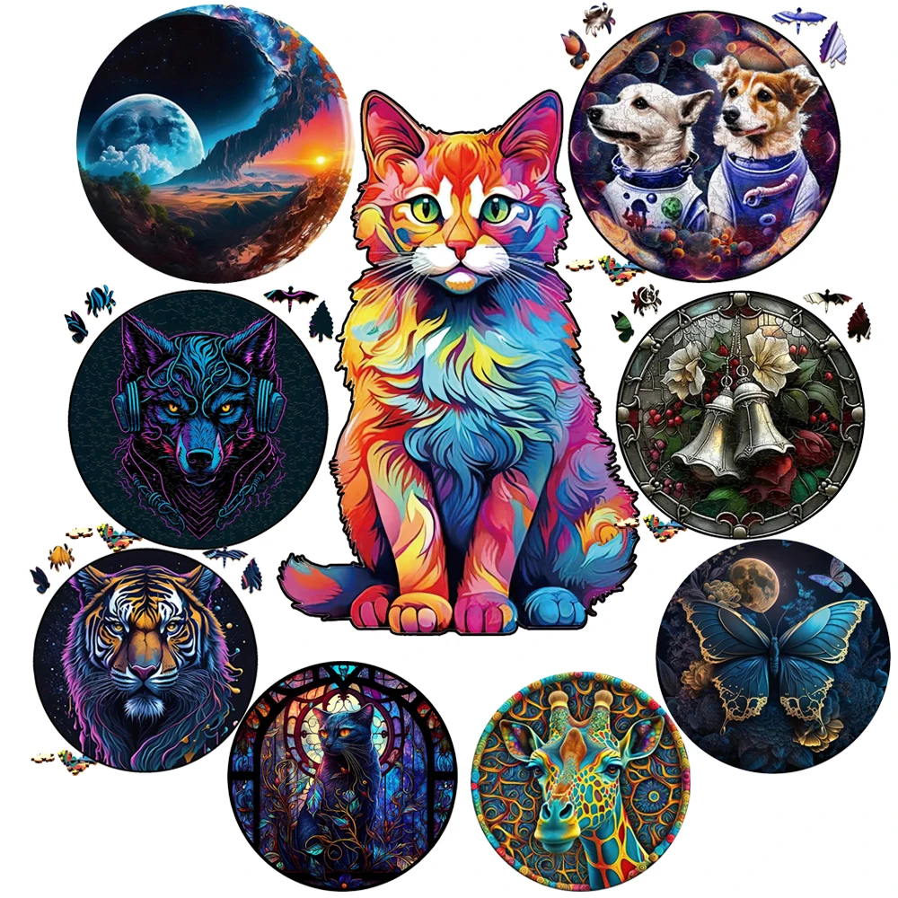 cat Series Wooden animal Puzzle Jigsaw Diy Draft For Kids Adults Gifts 3d Puzzle Brain Games circular wood Jigsaws