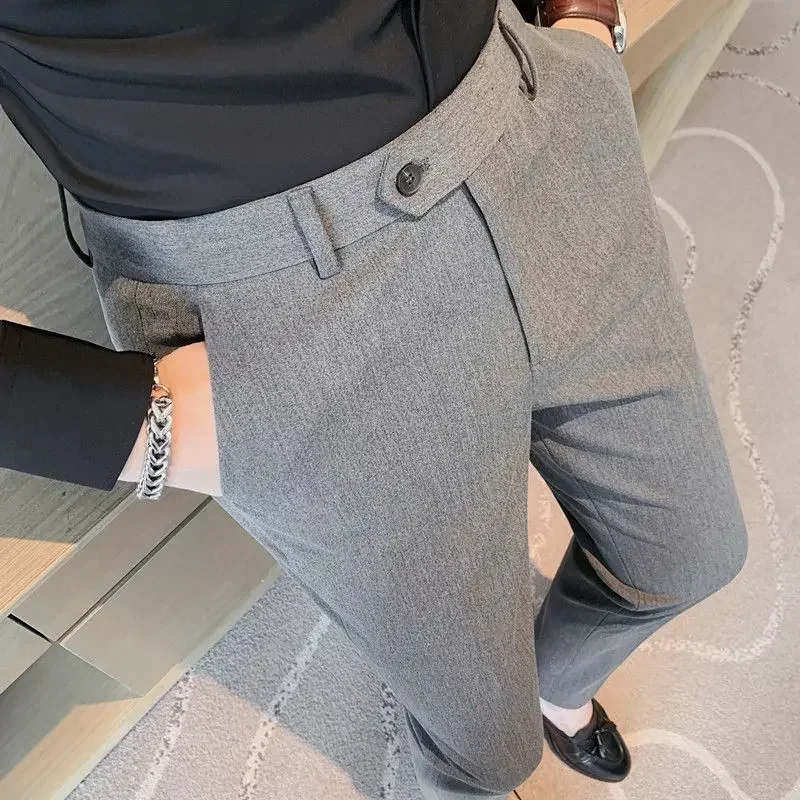 9 Cropped Straight Male Suit Trousers Gray Men\'s Summer Pants Formal Classic 2024 Anti-wrinkle Tailoring Cheap Chinese Homme Up