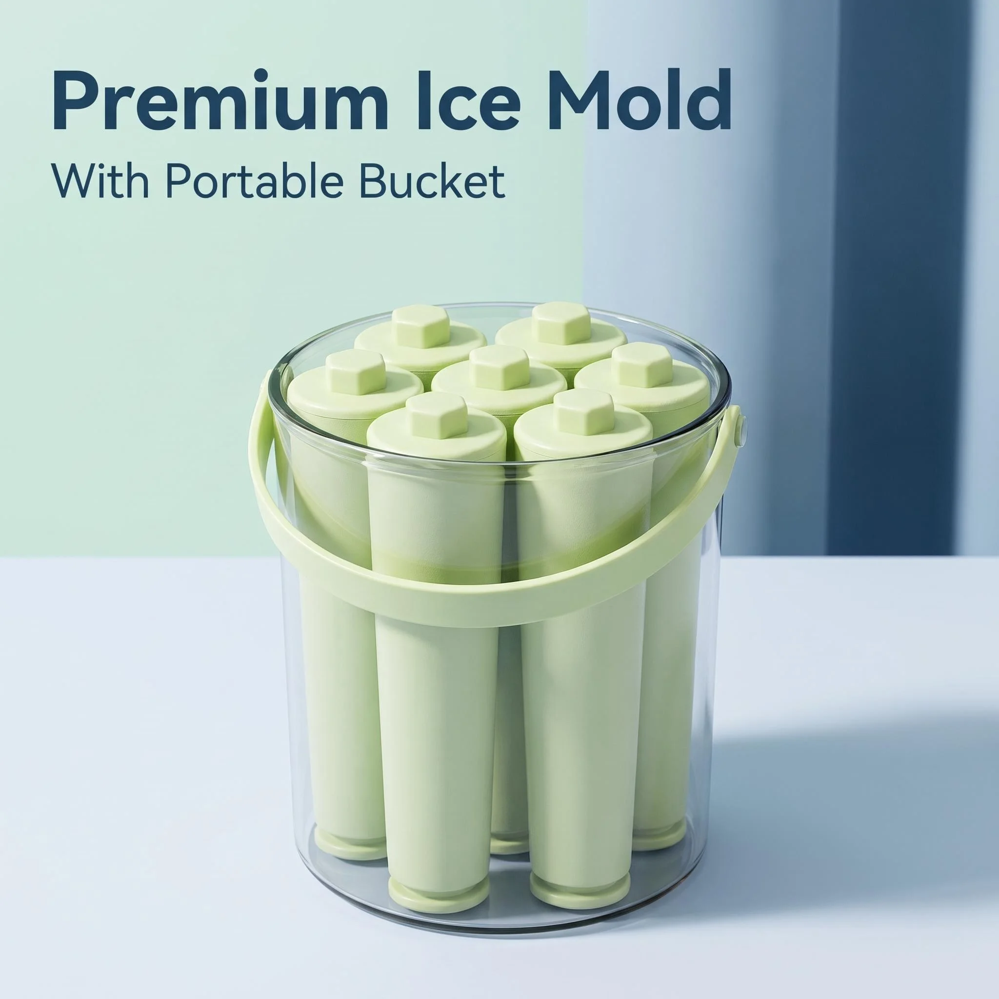 Mint Green Long Ice Pop Mold Set, Easy Press Release Ice Stick Tray with Carry Handle Clear PET Storage Bucket 7 Units for Drink