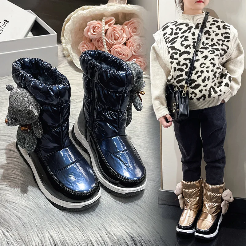 Kids Shoes Winter Boots for Boy Waterproof Pu Upper Baby Girls Child Plus Velvet Thickened Footwear Non-Slip Warm