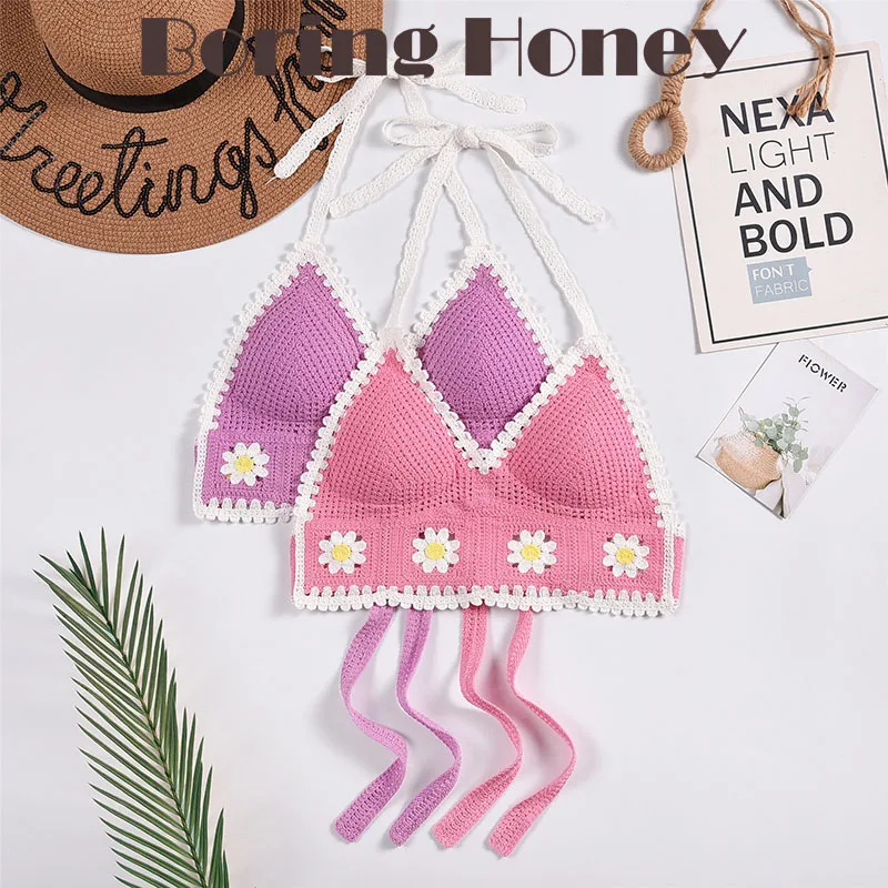 

Boring Honey Thailand Vacation Bohemian Crocheted Hollow Corset Hanging Neck Wrapped Joker Sexy Crop Top V-Neck Chest Sling Girl