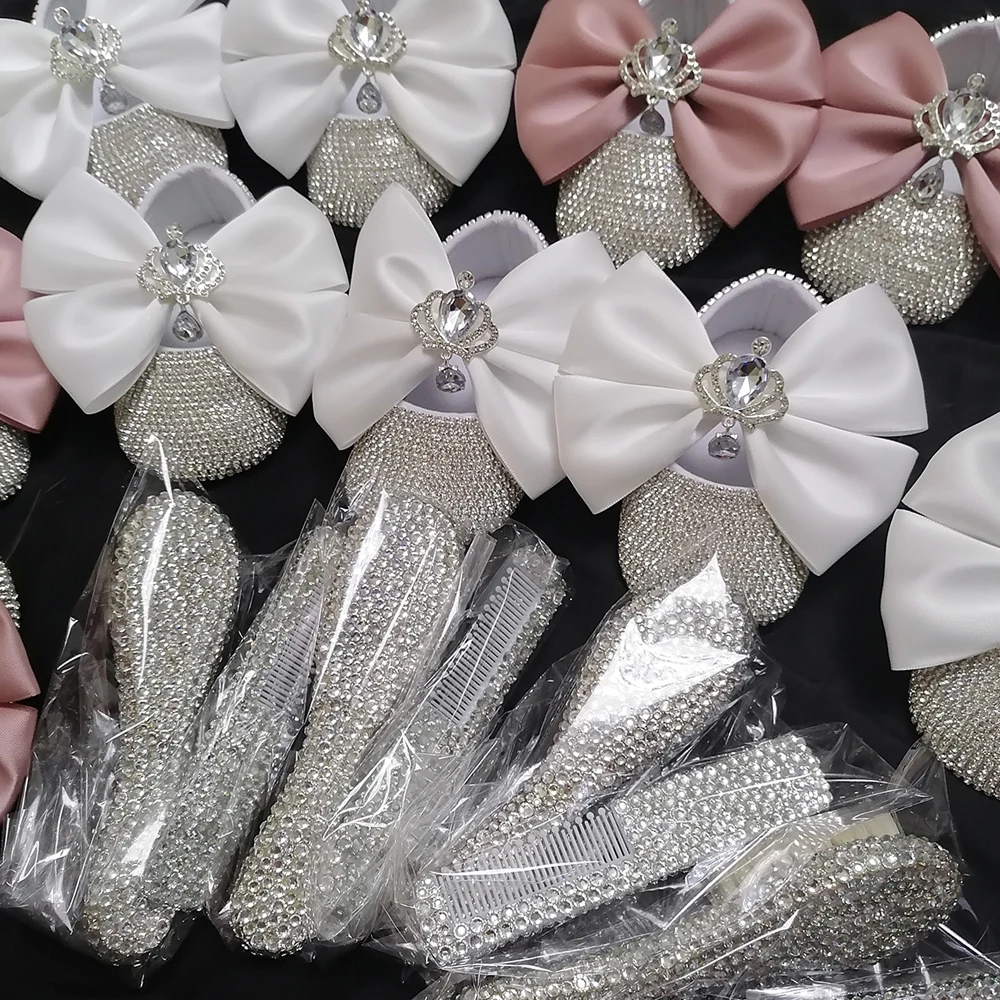 Handmade Bow Rhinestones Baby Girl Kids Shoes Hairband Pacifier Clip Comb First Walker Sparkle Bling Crystals Shower Gift