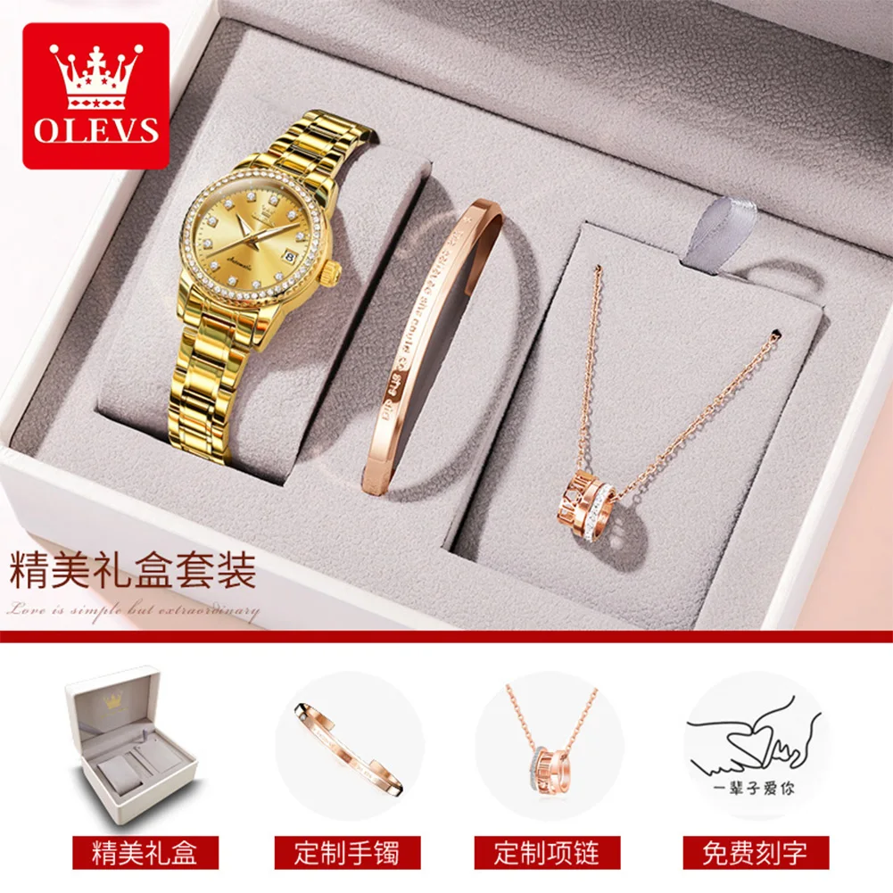 OLEVS 7003 Womens Watch Elegant Luxury Mechanical Watch Scale Waterproof Luminous Automatic Date Ladies Watch Gift Box