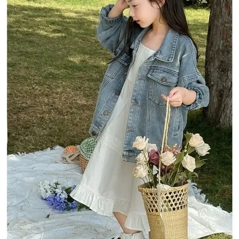 110-160cm Girls Casual Denim Jacket Spring and Autumn New Children's Fashion Jacket Korean Version Baby Loose Coat