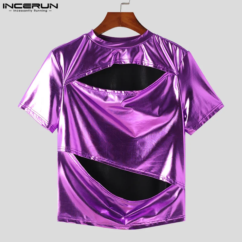 2024 Men T Shirt Solid Color Hollow Out Shiny O-neck Short Sleeve Casual Camisetas Party Streetwear Fashion Men Clothing INCERUN