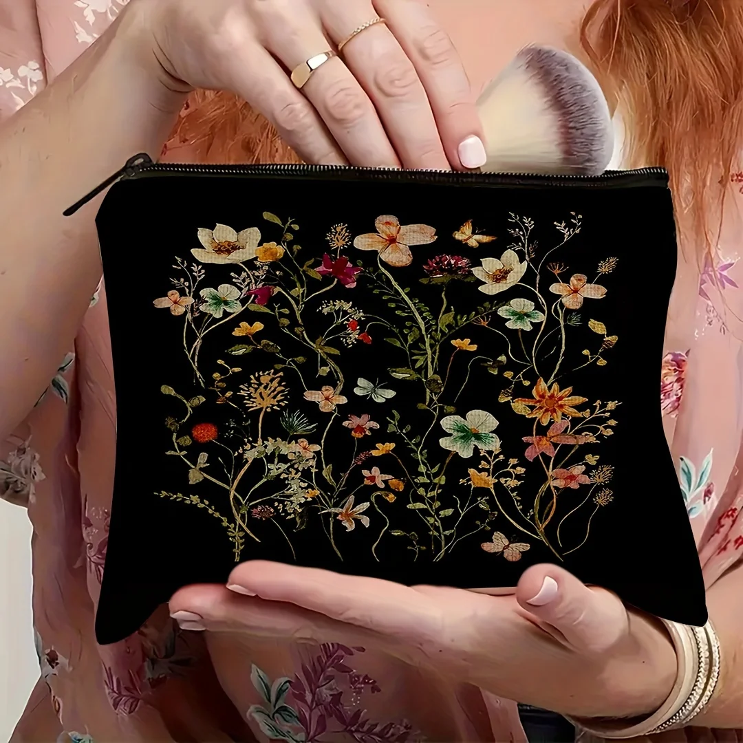 Durable Polyester Chic Black Floral Makeup Bag with Zipper Versatile for Travel, Vacation, Business Outdoor Use Cosmetic Pouch
