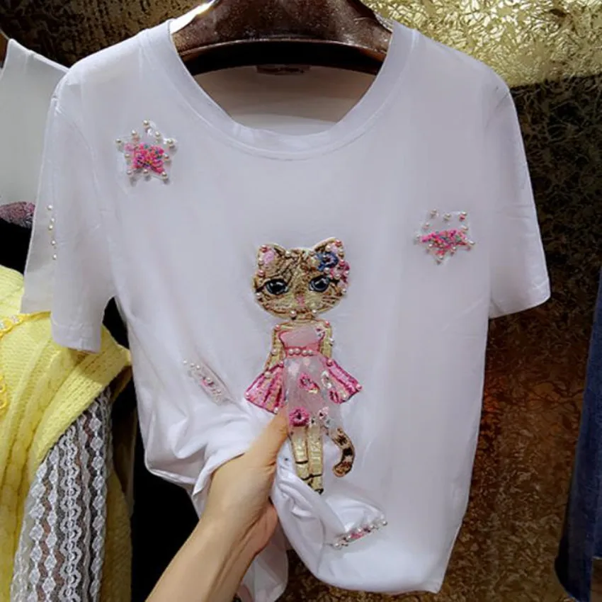 

Heavy industry summer cute cat cartoon loose cotton t-shirt women short sleeve top tees