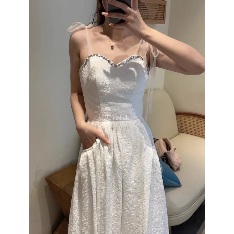 Gaun Pengantin A-line Sederhana Tali Spaghetti Putih Gaun Musim Panas Malam Seksi Wanita Gaun Midi Musim Panas Pesta Punggung Terbuka Tanpa Tali