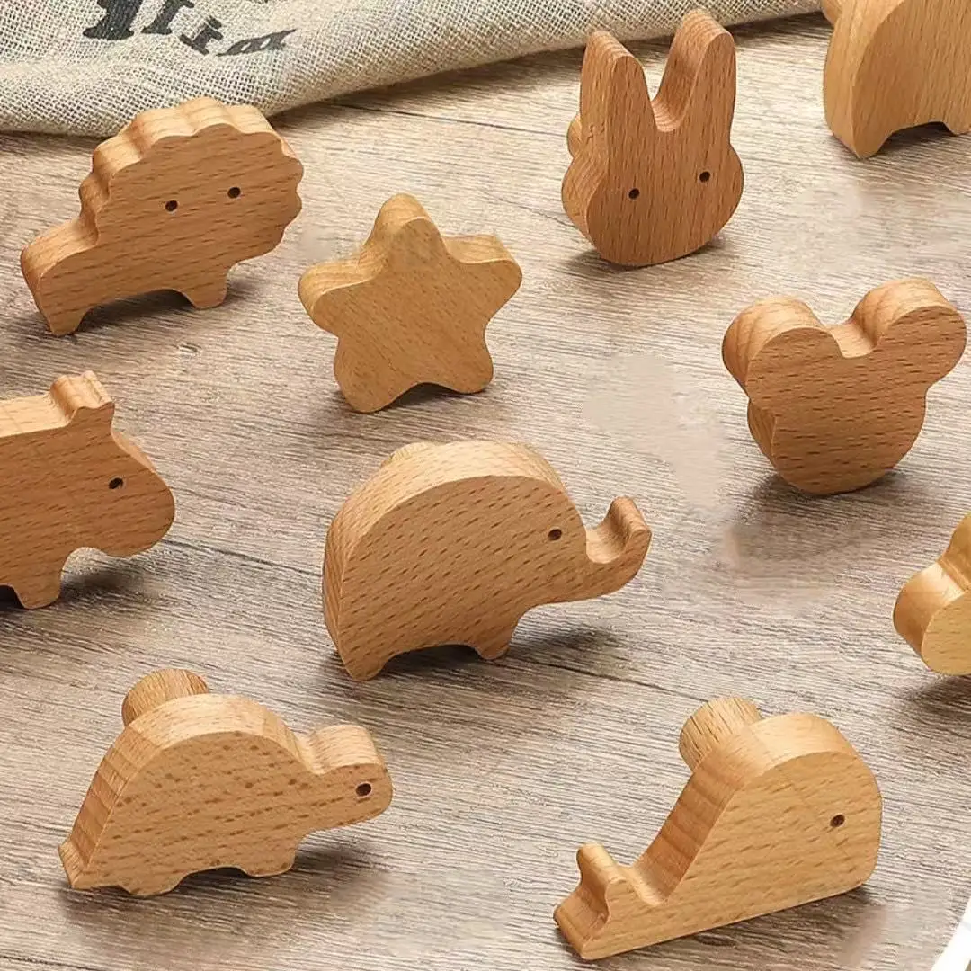 6pcs Cartoon Wooden Handle Cabinet Door Handle For Children'S Room Solid Wardrobe Handle Drawer Knob Star Cloud  Log Handle