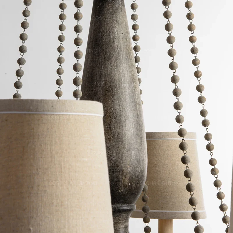 French Grey Wood Farmhouse Chandelier Vintage Wooden Beaded Chandelier Fabric Shade For Bedroom Livingroom Nursery Hallway Foyer