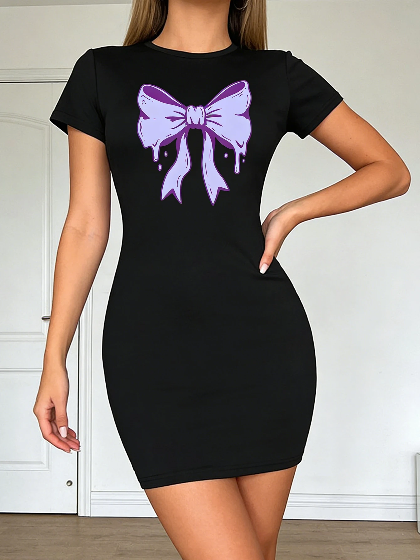 Women's Casual Bow-Print Dress, Machine Washable, Suitable for All Seasons, Fashionable and Trendy Clothing