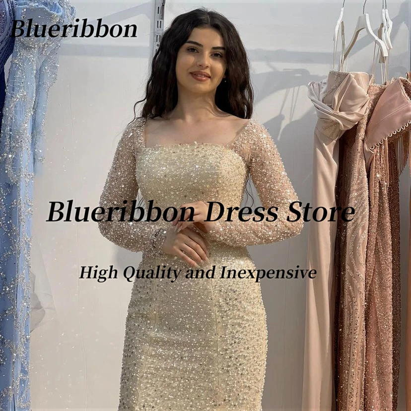 Blueribbon Shinny Sequins Mermaid Dresses for Prom 2024 Square Neck Long Sleeves Evening Gowns Zipper Back Dubai Party Dress