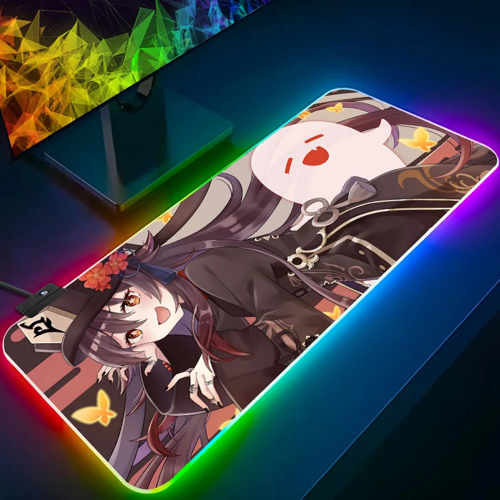 Game Genshins Impacts Hu Tao RGB Pc Gamer Keyboard Mouse Pad Mousepad LED Glowing Mouse Mats Rubber Gaming Computer Mausepad