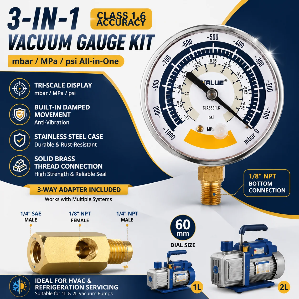 3-in-1 Vacuum Gauge Kit, 60 mm Mbar/MPa/Psi, Class 1.6, 1/8 in NPT with Brass 3-Way Adapter for HVAC & Refrigeration