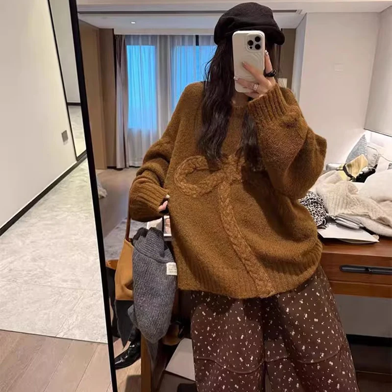 

Женский пуловер с бантом, осень-зима, утолщенный теплый свободный свитер в ленивом стиле, мягкий восковой топ, модный свитер с бантом